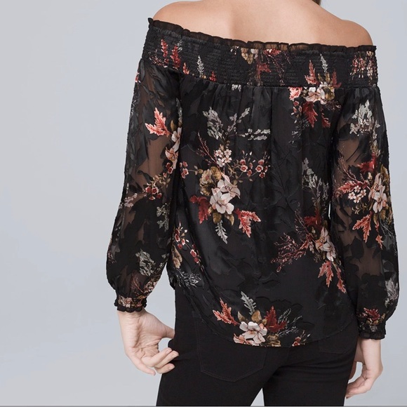 NWT WHBM Off Shoulder Smocked Black with Fire Quartz Floral Burnout Blouse - Picture 2 of 8